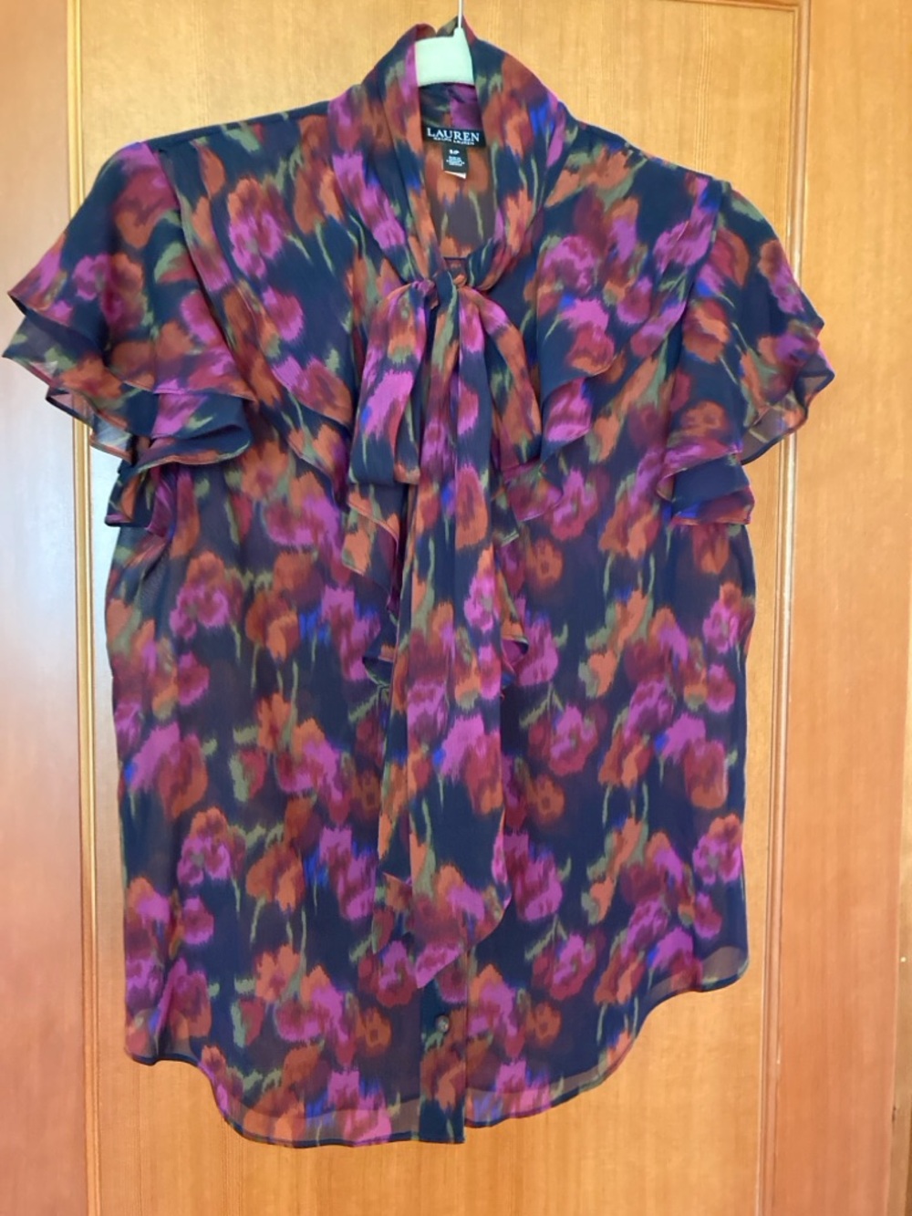 Lauren Ralph Lauren Navy Blouse with Purple, Rust & Olive Brushstroke Print
